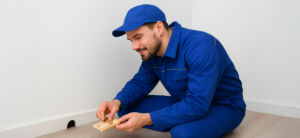 een ongediertebestrijder in een blauw pak plaatst een muizenval bij een muizenhol in de muur van een woning. De man zit op de grond, en zijn gezicht wijst naar de linkerkant van de afbeelding