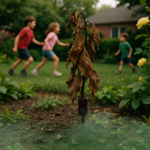 And garden, with a dead plant in the foreground with brown, drooping leaves. In the background, three children play on a lawn. Behind them is a house.