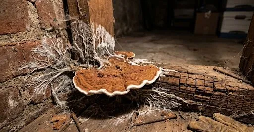 Foto van een zwam die aan het groeien is in de kelder van een huis
