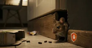 Een muis in gaatje van een plint van een huis