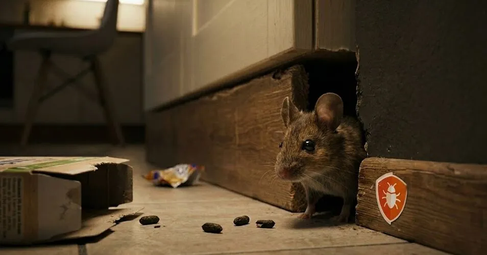 Een muis in gaatje van een plint van een huis