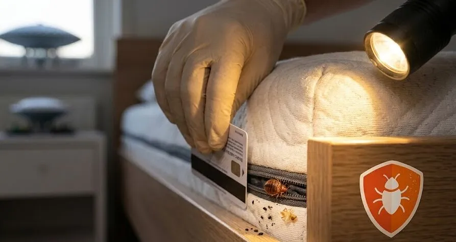 een bed met een bedwants erop de word bestreden met een pasje en zaklamp