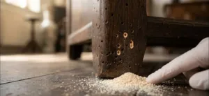 houtworm gaten in een houten meubel