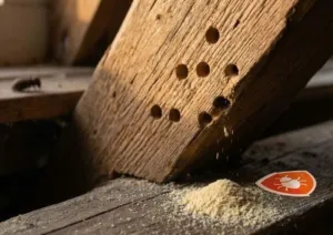 gaatjes van een houtworm in een houtebalk close up