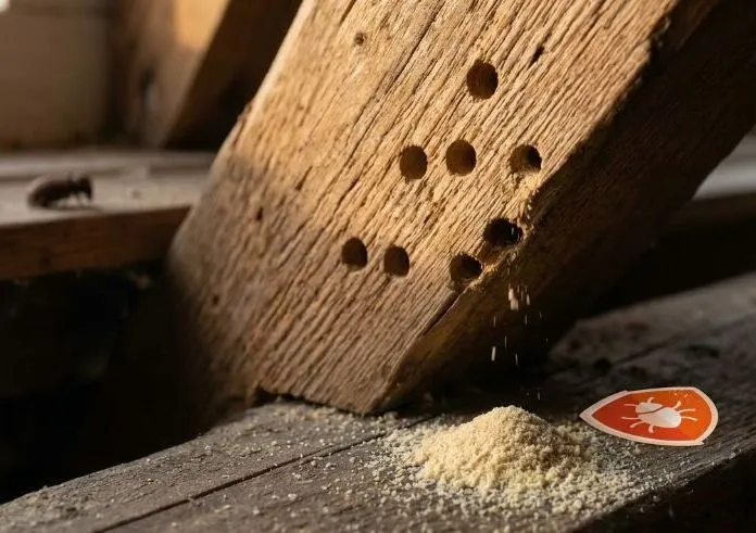 gaatjes van een houtworm in een houtebalk close up