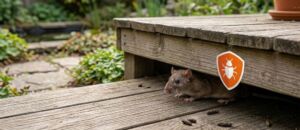 Een rat die zich in de tuin verstopt
