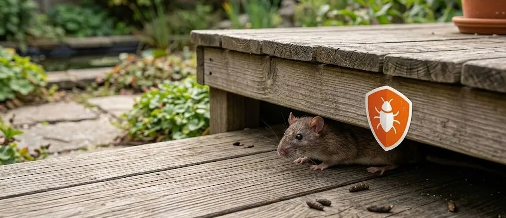 Een rat die zich in de tuin verstopt