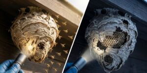 link een foto van een actief wespen nest rechts een oud wespennest