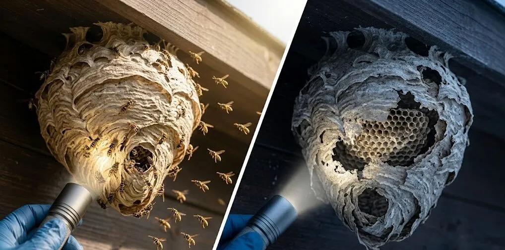 link een foto van een actief wespen nest rechts een oud wespennest