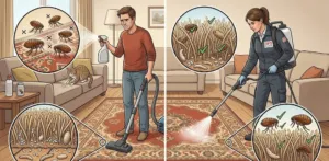 Een splitscherm-afbeelding die de effectiviteit van doe-het-zelf-vlooienbestrijding vergelijkt met een professionele OFS Services-behandeling. De linkerhelft toont een gefrustreerde man die sprays en een stofzuiger gebruikt, met microscopische inzetjes die laten zien dat eieren, larven en poppen diep in het tapijt en de meubels overleven. De rechterhelft toont een OFS Services-technicus die professionele apparatuur gebruikt, met inzetjes die aantonen dat de volledige levenscyclus van de vlo, inclusief de voor consumenten onzichtbare stadia, effectief wordt geëlimineerd.