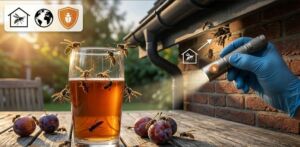 Een professionele splitscherm-afbeelding zonder tekst die het veranderde gedrag van wespen in het najaar illustreert voor OFS Services. De linkerzijde toont wespen die agressief afkomen op zoetigheid (een glas drinken en fruit) op een buitenterras tijdens de nazomer. De rechterzijde toont een professionele inspectie waarbij een technicus met een blauwe handschoen en zaklamp controleert hoe wespen via kieren onder de dakrand naar binnen dringen om warmte te zoeken. In het midden bevindt zich het oranje schildlogo van OFS.