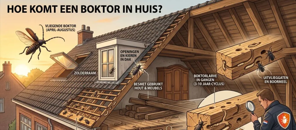 Een gedetailleerde infographic in het Nederlands, getiteld 'HOE KOMT EEN BOKTOR IN HUIS?', illustreert de verschillende manieren waarop huisboktorkevers een woning kunnen binnendringen en beschadigen. De afbeelding toont een doorsnede van een huiszolder en -dak met diverse genummerde en gelabelde punten. Visuals omvatten een grote vliegende boktor in de lucht ('VLIEGENDE BOKTOR (APRIL-AUGUSTUS)'), kevers die via een dakkapel binnendringen ('OPENINGEN EN KIEREN IN DAK'), kevers op zoldermeubels en hout ('BESMET GEBRUIKT HOUT & MEUBELS'), kevers die van een aangrenzende woning overstappen ('VERSPREIDING VIA AANGRENZENDE WONINGEN'), en onbehandeld hout op de vloer ('AANTREKKELIJKE OMSTANDIGHEDEN: DROOG, ONBEHANDELD NAALDHOUT'). Een inzet aan de rechterkant toont larven in tunnels in een balk ('BOKTORLARVE IN GANGEN (3-10 JAAR CYCLUS)') met uitvlieggaten en boormeel ('UITVLIEGGATEN EN BOORMEEL'). Een inspecteur met een vergrootglas onderzoekt een stuk hout. Alle tekstlabels zijn in het Nederlands. Rechtsonder staat het OFS-logo met de tekst 'OFS services - PROFESSIONELE INSPECTIE'.