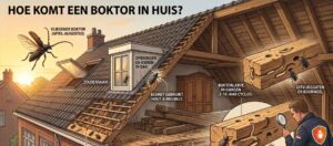 Een gedetailleerde infographic in het Nederlands, getiteld 'HOE KOMT EEN BOKTOR IN HUIS?', illustreert de verschillende manieren waarop huisboktorkevers een woning kunnen binnendringen en beschadigen. De afbeelding toont een doorsnede van een huiszolder en -dak met diverse genummerde en gelabelde punten. Visuals omvatten een grote vliegende boktor in de lucht ('VLIEGENDE BOKTOR (APRIL-AUGUSTUS)'), kevers die via een dakkapel binnendringen ('OPENINGEN EN KIEREN IN DAK'), kevers op zoldermeubels en hout ('BESMET GEBRUIKT HOUT & MEUBELS'), kevers die van een aangrenzende woning overstappen ('VERSPREIDING VIA AANGRENZENDE WONINGEN'), en onbehandeld hout op de vloer ('AANTREKKELIJKE OMSTANDIGHEDEN: DROOG, ONBEHANDELD NAALDHOUT'). Een inzet aan de rechterkant toont larven in tunnels in een balk ('BOKTORLARVE IN GANGEN (3-10 JAAR CYCLUS)') met uitvlieggaten en boormeel ('UITVLIEGGATEN EN BOORMEEL'). Een inspecteur met een vergrootglas onderzoekt een stuk hout. Alle tekstlabels zijn in het Nederlands. Rechtsonder staat het OFS-logo met de tekst 'OFS services - PROFESSIONELE INSPECTIE'.