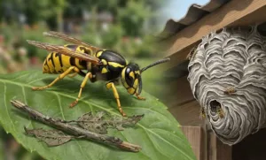 afbeelding wesp op een blaadje langs een wespen nest